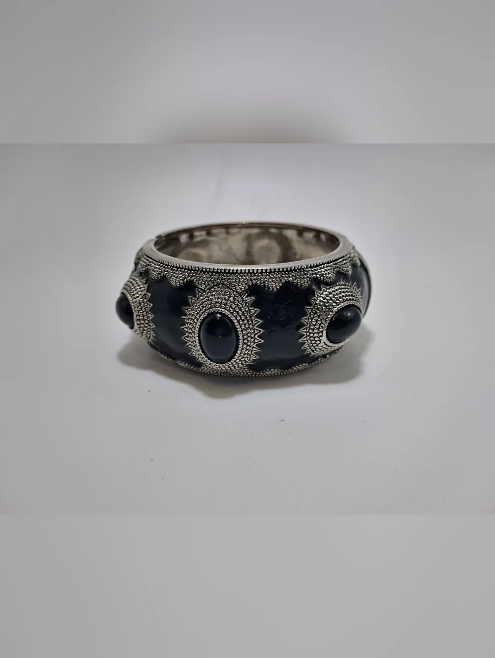 Black Stone Silver-Tone Accent Hinge Bangle Bracelet - Picture 2 of 5